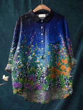 Decorative Pattern of Flower Field Under Night Sky Casual Cotton And Linen Shirt
